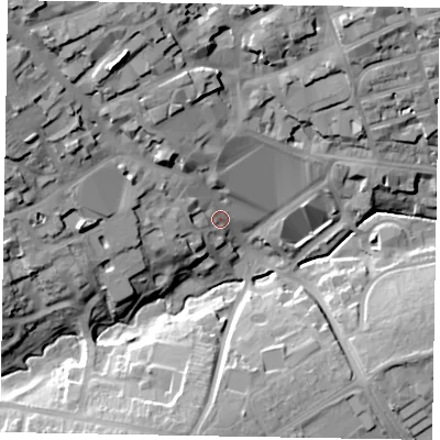 Shaded relief map of the ground around NN81BS, computed from Environment Agency LiDAR. The ground here sits at about 53 m above sea level and falls 33 m across the surrounding 800 m. Surface water reaching this point runs off ground lying to the north-west, 26.1 m higher.