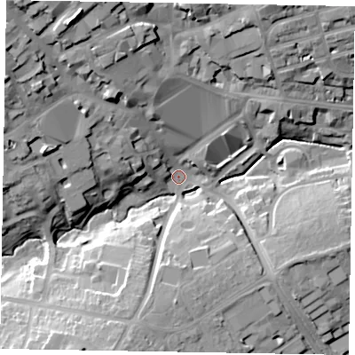 Shaded relief map of the ground around NN81BZ, computed from Environment Agency LiDAR. The ground here sits at about 47 m above sea level and falls 30 m across the surrounding 800 m. Surface water reaching this point runs off ground lying to the north-west, 28.7 m higher.
