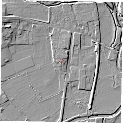 Shaded relief map of the ground around NN81FA, computed from Environment Agency LiDAR. The ground here sits at about 44 m above sea level and falls 9 m across the surrounding 800 m. The ground contributing surface water to this point lies to the north.