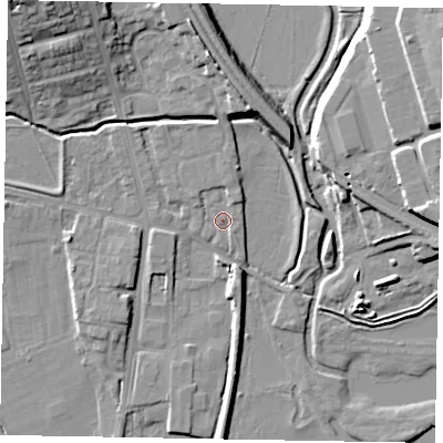 Shaded relief map of the ground around NN81FE, computed from Environment Agency LiDAR. The ground here sits at about 42 m above sea level and falls 18 m across the surrounding 800 m. Surface water reaching this point runs off ground lying to the north-north-east, 1.4 m higher.