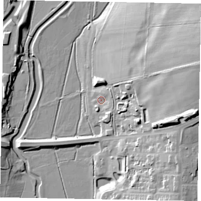 Shaded relief map of the ground around NN81GG, computed from Environment Agency LiDAR. The ground here sits at about 46 m above sea level and falls 33 m across the surrounding 800 m. Surface water reaching this point runs off ground lying to the east-north-east, 5.8 m higher.