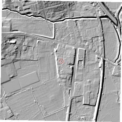 Shaded relief map of the ground around NN81JN, computed from Environment Agency LiDAR. The ground here sits at about 43 m above sea level and falls 11 m across the surrounding 800 m. Surface water reaching this point runs off ground lying to the south-south-east, 0.9 m higher.
