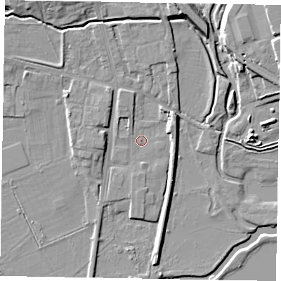 Shaded relief map of the ground around NN81LD, computed from Environment Agency LiDAR. The ground here sits at about 42 m above sea level and falls 11 m across the surrounding 800 m. Surface water reaching this point runs off ground lying to the north-west, 1.9 m higher.