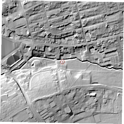 Shaded relief map of the ground around NN81LS, computed from Environment Agency LiDAR. The ground here sits at about 46 m above sea level and falls 26 m across the surrounding 800 m. Surface water reaching this point runs off ground lying to the north-west, 20.3 m higher.