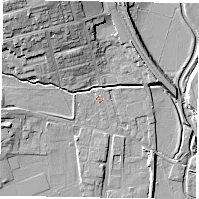 Shaded relief map of the ground around NN81NJ, computed from Environment Agency LiDAR. The ground here sits at about 43 m above sea level and falls 23 m across the surrounding 800 m. Surface water reaching this point runs off ground lying to the north, 0.5 m higher.