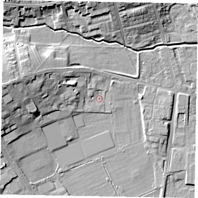 Shaded relief map of the ground around NN81NP, computed from Environment Agency LiDAR. The ground here sits at about 43 m above sea level and falls 15 m across the surrounding 800 m. Surface water reaching this point runs off ground lying to the west-north-west, 9.1 m higher.