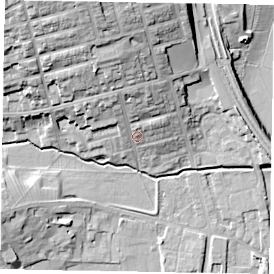 Shaded relief map of the ground around NN81NS, computed from Environment Agency LiDAR. The ground here sits at about 49 m above sea level and falls 28 m across the surrounding 800 m. Surface water reaching this point runs off ground lying to the north-north-west, 9.4 m higher.