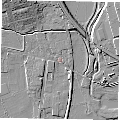 Shaded relief map of the ground around NN81NW, computed from Environment Agency LiDAR. The ground here sits at about 42 m above sea level and falls 17 m across the surrounding 800 m. Surface water reaching this point runs off ground lying to the north-north-west, 2.1 m higher.
