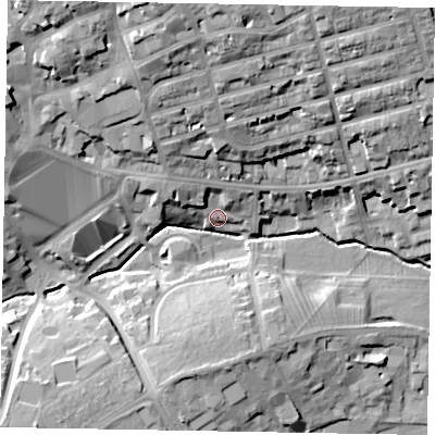 Shaded relief map of the ground around NN81NX, computed from Environment Agency LiDAR. The ground here sits at about 48 m above sea level and falls 27 m across the surrounding 800 m. Surface water reaching this point runs off ground lying to the north-north-west, 25.1 m higher.