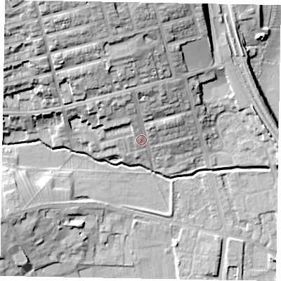 Shaded relief map of the ground around NN81NY, computed from Environment Agency LiDAR. The ground here sits at about 48 m above sea level and falls 27 m across the surrounding 800 m. Surface water reaching this point runs off ground lying to the north, 9.5 m higher.