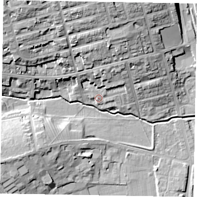 Shaded relief map of the ground around NN81PD, computed from Environment Agency LiDAR. The ground here sits at about 47 m above sea level and falls 27 m across the surrounding 800 m. Surface water reaching this point runs off ground lying to the north-east, 11.1 m higher.