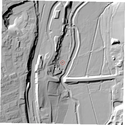 Shaded relief map of the ground around NN81QW, computed from Environment Agency LiDAR. The ground here sits at about 43 m above sea level and falls 30 m across the surrounding 800 m. Surface water reaching this point runs off ground lying to the west, 10.5 m higher.