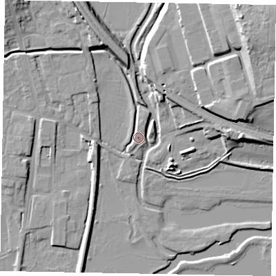 Shaded relief map of the ground around NN81RA, computed from Environment Agency LiDAR. The ground here sits at about 41 m above sea level and falls 22 m across the surrounding 800 m. Surface water reaching this point runs off ground lying to the north-east, 10.3 m higher.