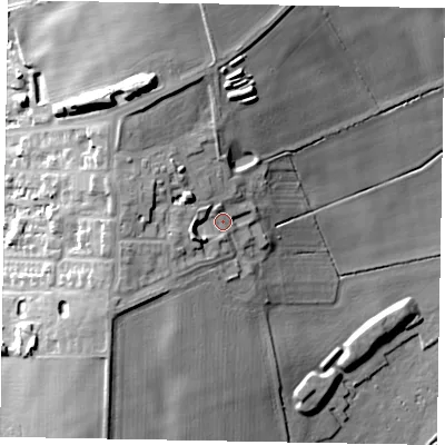 Shaded relief map of the ground around NN81RG, computed from Environment Agency LiDAR. The ground here sits at about 59 m above sea level and falls 35 m across the surrounding 800 m. Surface water reaching this point runs off ground lying to the west-south-west, 6.3 m higher.