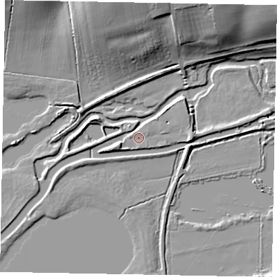 Shaded relief map of the ground around NN81RL, computed from Environment Agency LiDAR. The ground here sits at about 40 m above sea level and falls 19 m across the surrounding 800 m. Surface water reaching this point runs off ground lying to the east-north-east, 1.1 m higher.