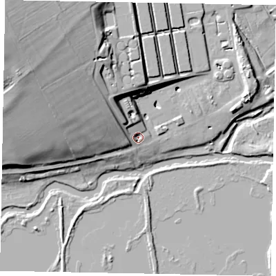 Shaded relief map of the ground around NN81RR, computed from Environment Agency LiDAR. The ground here sits at about 41 m above sea level and falls 34 m across the surrounding 800 m. Surface water reaching this point runs off ground lying to the north-west, 28.1 m higher.