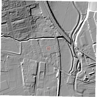 Shaded relief map of the ground around NN81SD, computed from Environment Agency LiDAR. The ground here sits at about 43 m above sea level and falls 22 m across the surrounding 800 m. Surface water reaching this point runs off ground lying to the north-north-west, 1.0 m higher.