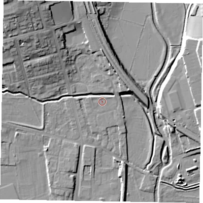 Shaded relief map of the ground around NN81SE, computed from Environment Agency LiDAR. The ground here sits at about 43 m above sea level and falls 24 m across the surrounding 800 m. Surface water reaching this point runs off ground lying to the west-north-west, 0.9 m higher.