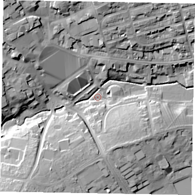 Shaded relief map of the ground around NN81XB, computed from Environment Agency LiDAR. The ground here sits at about 46 m above sea level and falls 28 m across the surrounding 800 m. Surface water reaching this point runs off ground lying to the north-west, 25.5 m higher.