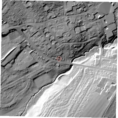 Shaded relief map of the ground around NN82AU, computed from Environment Agency LiDAR. The ground here sits at about 55 m above sea level and falls 32 m across the surrounding 800 m. Surface water reaching this point runs off ground lying to the north-west, 22.8 m higher.