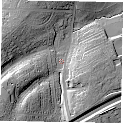 Shaded relief map of the ground around NN82BF, computed from Environment Agency LiDAR. The ground here sits at about 55 m above sea level and falls 37 m across the surrounding 800 m. Surface water reaching this point runs off ground lying to the south-west, 29.2 m higher.