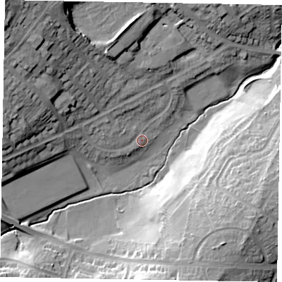 Shaded relief map of the ground around NN82BJ, computed from Environment Agency LiDAR. The ground here sits at about 53 m above sea level and falls 32 m across the surrounding 800 m. Surface water reaching this point runs off ground lying to the north-west, 20.6 m higher.