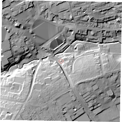 Shaded relief map of the ground around NN82BT, computed from Environment Agency LiDAR. The ground here sits at about 49 m above sea level and falls 30 m across the surrounding 800 m. Surface water reaching this point runs off ground lying to the south-west, 14.2 m higher.
