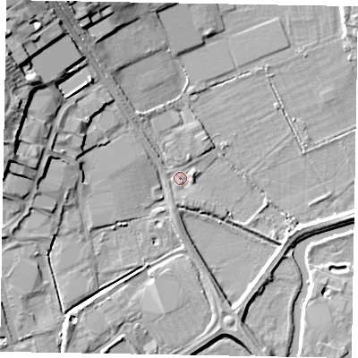 Shaded relief map of the ground around NN82DP, computed from Environment Agency LiDAR. The ground here sits at about 42 m above sea level and falls 15 m across the surrounding 800 m. Surface water reaching this point runs off ground lying to the north-west, 13.6 m higher.