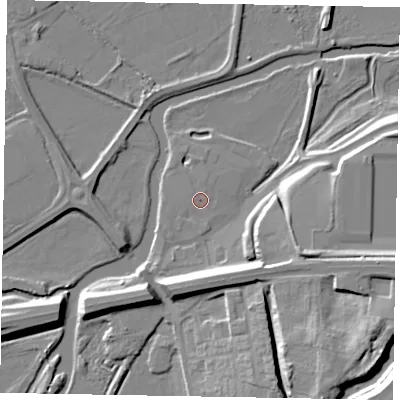 Shaded relief map of the ground around NN82DT, computed from Environment Agency LiDAR. The ground here sits at about 42 m above sea level and falls 20 m across the surrounding 800 m. Surface water reaching this point runs off ground lying to the south-south-east, 0.7 m higher.