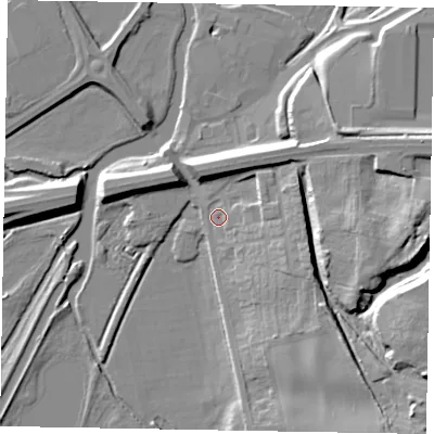 Shaded relief map of the ground around NN82EA, computed from Environment Agency LiDAR. The ground here sits at about 43 m above sea level and falls 20 m across the surrounding 800 m. Surface water reaching this point runs off ground lying to the east-south-east, 8.8 m higher.
