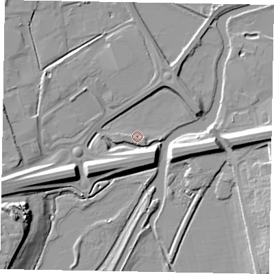 Shaded relief map of the ground around NN82ED, computed from Environment Agency LiDAR. The ground here sits at about 41 m above sea level and falls 15 m across the surrounding 800 m. Surface water reaching this point runs off ground lying to the south, 7.3 m higher.