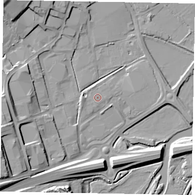 Shaded relief map of the ground around NN82EF, computed from Environment Agency LiDAR. The ground here sits at about 44 m above sea level and falls 23 m across the surrounding 800 m. The ground contributing surface water to this point lies to the north-north-east.