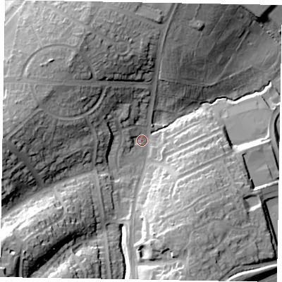 Shaded relief map of the ground around NN82LE, computed from Environment Agency LiDAR. The ground here sits at about 52 m above sea level and falls 35 m across the surrounding 800 m. Surface water reaching this point runs off ground lying to the south-west, 28.5 m higher.