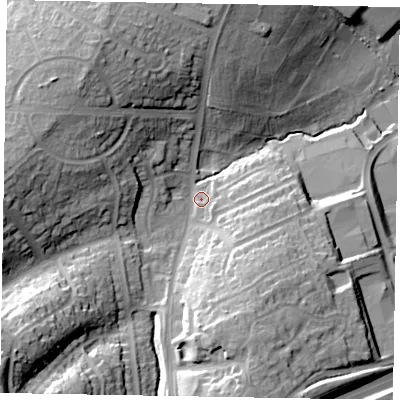 Shaded relief map of the ground around NN82LW, computed from Environment Agency LiDAR. The ground here sits at about 52 m above sea level and falls 32 m across the surrounding 800 m. Surface water reaching this point runs off ground lying to the south-west, 25.2 m higher.