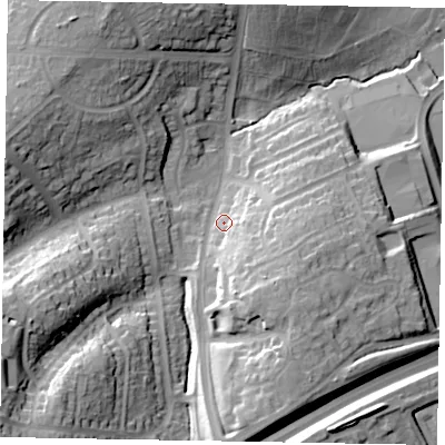 Shaded relief map of the ground around NN82LY, computed from Environment Agency LiDAR. The ground here sits at about 56 m above sea level and falls 34 m across the surrounding 800 m. Surface water reaching this point runs off ground lying to the south, 16.7 m higher.