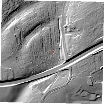 Shaded relief map of the ground around NN82LZ, computed from Environment Agency LiDAR. The ground here sits at about 62 m above sea level and falls 33 m across the surrounding 800 m. Surface water reaching this point runs off ground lying to the west-south-west, 18.3 m higher.