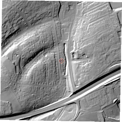 Shaded relief map of the ground around NN82PN, computed from Environment Agency LiDAR. The ground here sits at about 59 m above sea level and falls 36 m across the surrounding 800 m. Surface water reaching this point runs off ground lying to the west-south-west, 16.0 m higher.