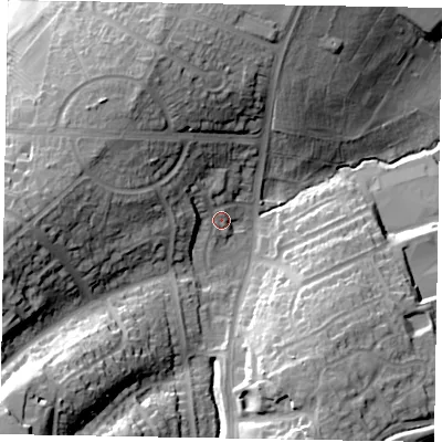 Shaded relief map of the ground around NN82PZ, computed from Environment Agency LiDAR. The ground here sits at about 54 m above sea level and falls 35 m across the surrounding 800 m. Surface water reaching this point runs off ground lying to the west-north-west, 8.9 m higher.