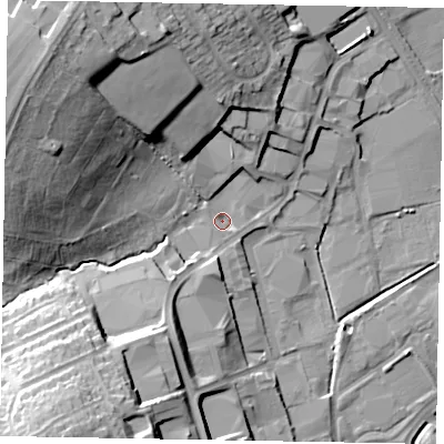 Shaded relief map of the ground around NN82QH, computed from Environment Agency LiDAR. The ground here sits at about 45 m above sea level and falls 27 m across the surrounding 800 m. Surface water reaching this point runs off ground lying to the west-north-west, 22.7 m higher.
