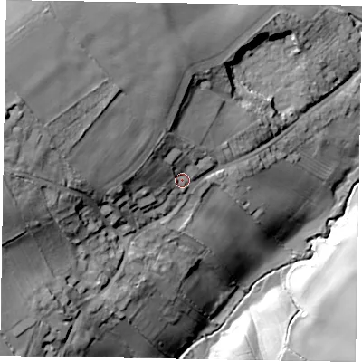 Shaded relief map of the ground around NN82UE, computed from Environment Agency LiDAR. The ground here sits at about 76 m above sea level and falls 42 m across the surrounding 800 m. Surface water reaching this point runs off ground lying to the west-north-west, 18.4 m higher.