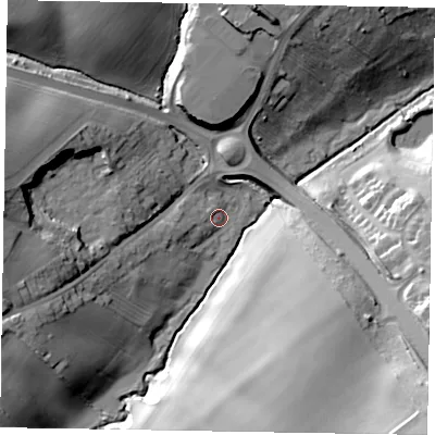 Shaded relief map of the ground around NN82UJ, computed from Environment Agency LiDAR. The ground here sits at about 58 m above sea level and falls 33 m across the surrounding 800 m. Surface water reaching this point runs off ground lying to the west-south-west, 9.9 m higher.