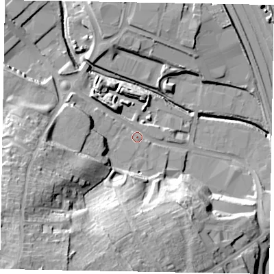 Shaded relief map of the ground around NN84BA, computed from Environment Agency LiDAR. The ground here sits at about 53 m above sea level and falls 39 m across the surrounding 800 m. Surface water reaching this point runs off ground lying to the south-west, 31.8 m higher.