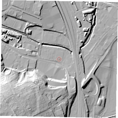 Shaded relief map of the ground around NN84BB, computed from Environment Agency LiDAR. The ground here sits at about 49 m above sea level and falls 35 m across the surrounding 800 m. Surface water reaching this point runs off ground lying to the south-south-west, 24.3 m higher.