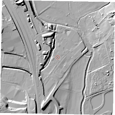 Shaded relief map of the ground around NN84BH, computed from Environment Agency LiDAR. The ground here sits at about 46 m above sea level and falls 25 m across the surrounding 800 m. Surface water reaching this point runs off ground lying to the west, 0.8 m higher.