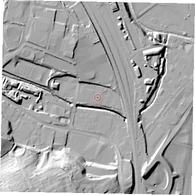 Shaded relief map of the ground around NN84BL, computed from Environment Agency LiDAR. The ground here sits at about 50 m above sea level and falls 31 m across the surrounding 800 m. The ground contributing surface water to this point lies to the north-east.