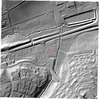 Shaded relief map of the ground around NN84BS, computed from Environment Agency LiDAR. The ground here sits at about 57 m above sea level and falls 33 m across the surrounding 800 m. Surface water reaching this point runs off ground lying to the south, 2.6 m higher.