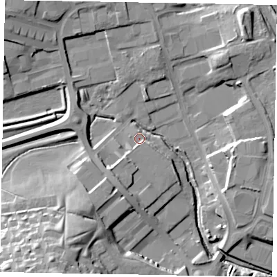 Shaded relief map of the ground around NN84HN, computed from Environment Agency LiDAR. The ground here sits at about 53 m above sea level and falls 27 m across the surrounding 800 m. Surface water reaching this point runs off ground lying to the south-south-west, 6.8 m higher.