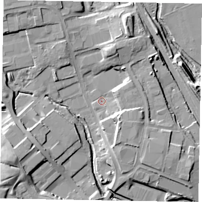 Shaded relief map of the ground around NN84HQ, computed from Environment Agency LiDAR. The ground here sits at about 51 m above sea level and falls 26 m across the surrounding 800 m. Surface water reaching this point runs off ground lying to the south-east, 9.7 m higher.