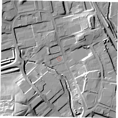 Shaded relief map of the ground around NN84NL, computed from Environment Agency LiDAR. The ground here sits at about 50 m above sea level and falls 25 m across the surrounding 800 m. Surface water reaching this point runs off ground lying to the north-north-west, 5.7 m higher.
