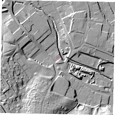 Shaded relief map of the ground around NN84SR, computed from Environment Agency LiDAR. The ground here sits at about 51 m above sea level and falls 38 m across the surrounding 800 m. Surface water reaching this point runs off ground lying to the south-south-east, 2.7 m higher.